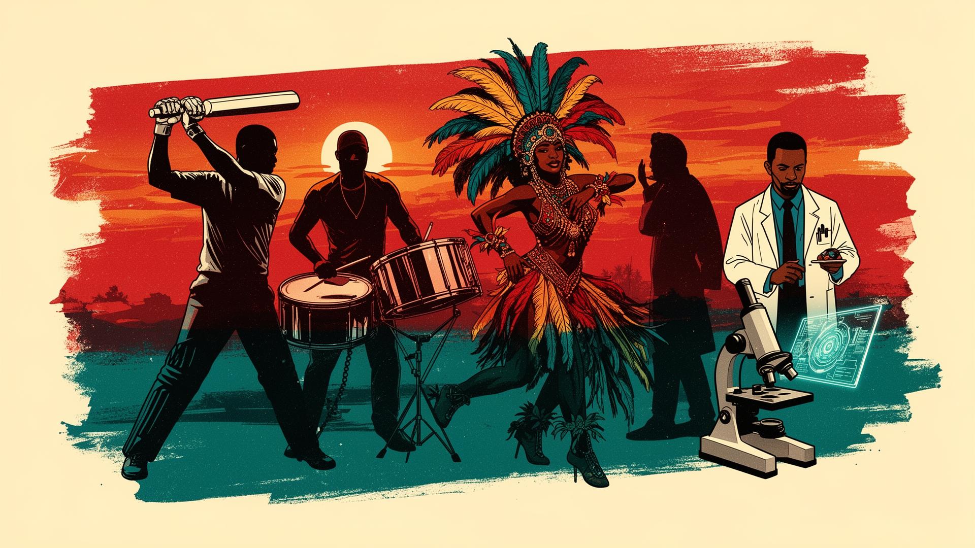 Caribbean pioneers collage — cricket, steelpan, carnival, science, technology